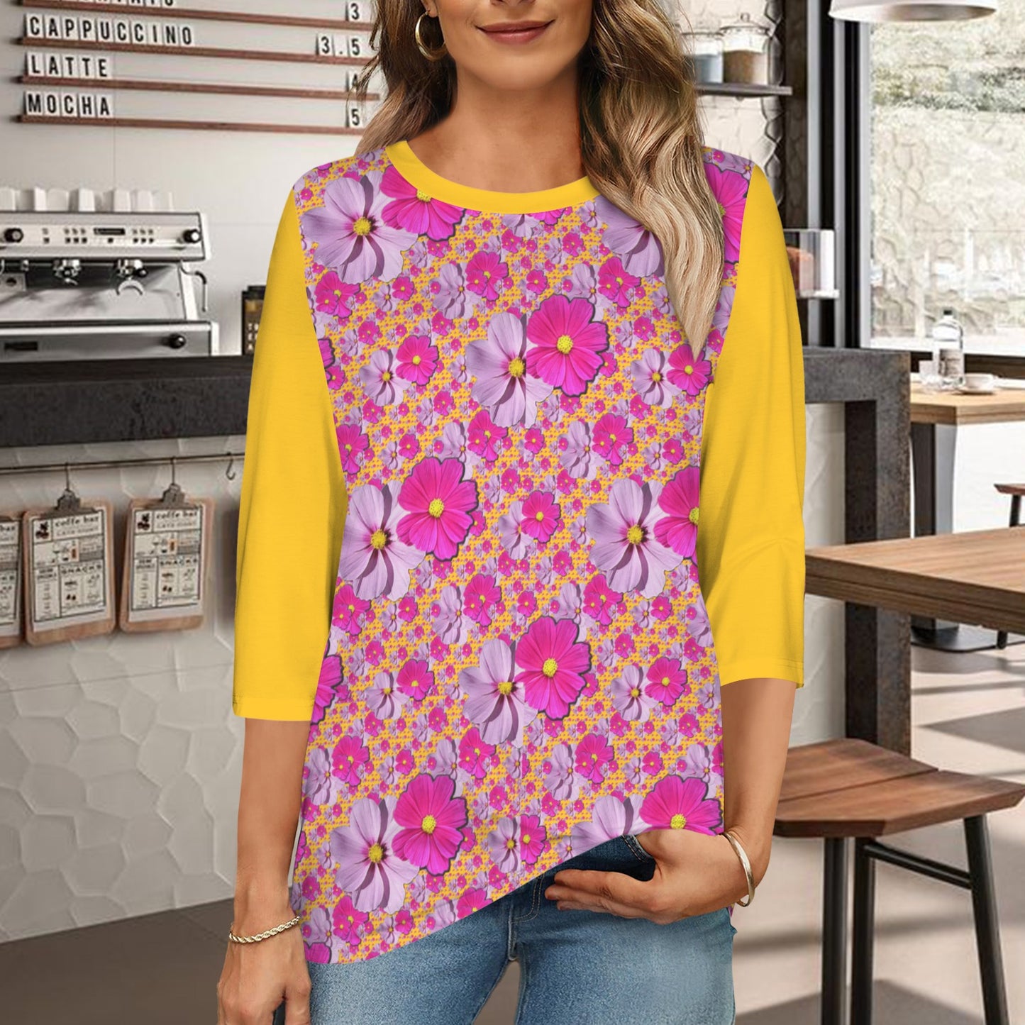 TRP Floral Print 05: Garden Cosmos Round Neck 3/4 Sleeve T-shirt