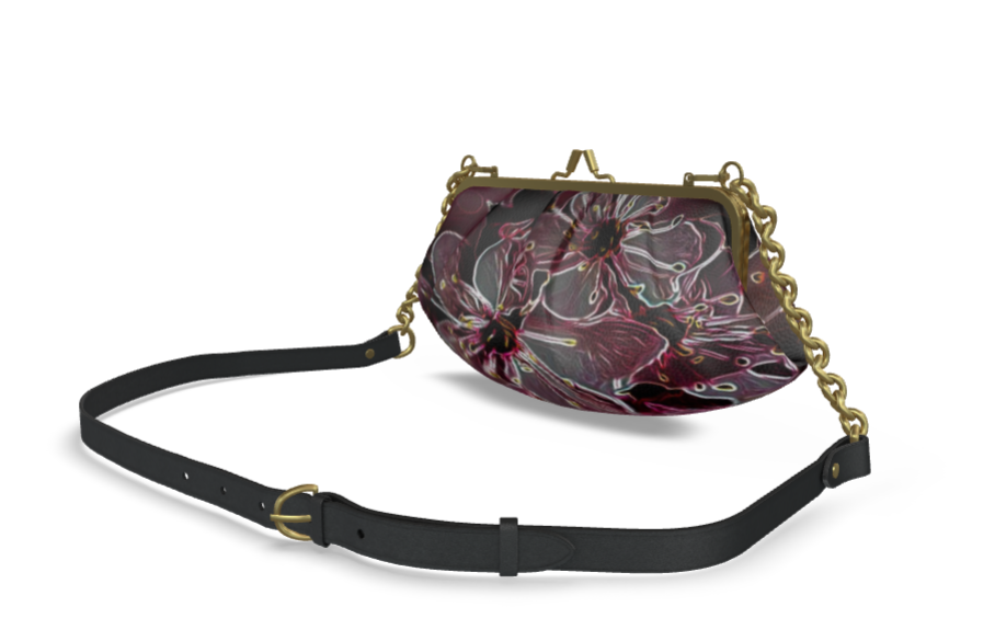 Floral Embosses: Pictorial Cherry Blossoms 01-04 Designer Pleated Leather Metal Frame Crossbody Clutch Bag