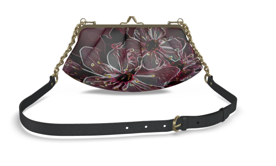 Floral Embosses: Pictorial Cherry Blossoms 01-04 Designer Pleated Leather Metal Frame Crossbody Clutch Bag