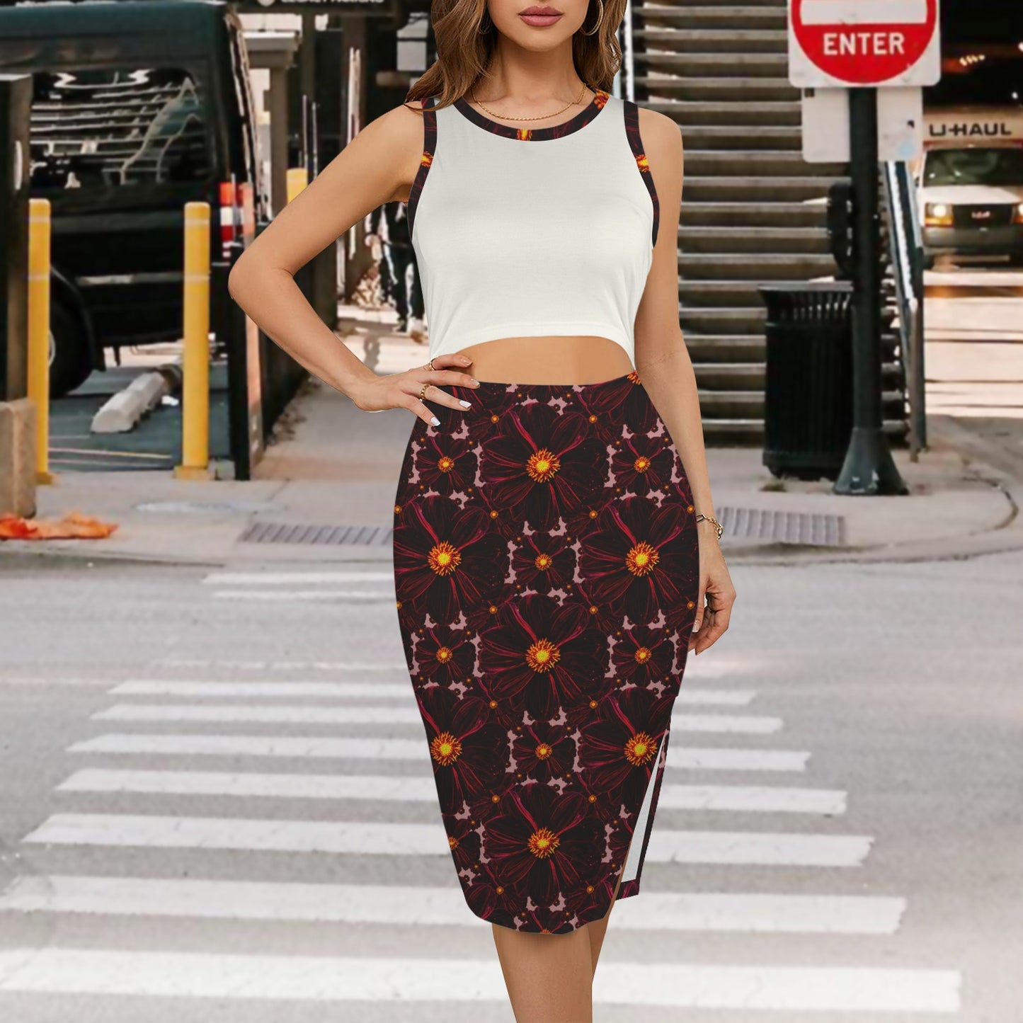 TRP Floral Print 02-03 Midnight Bishop of Aukland Dahlia Two Piece Illusion Side Slit Bodycon Midi Dress