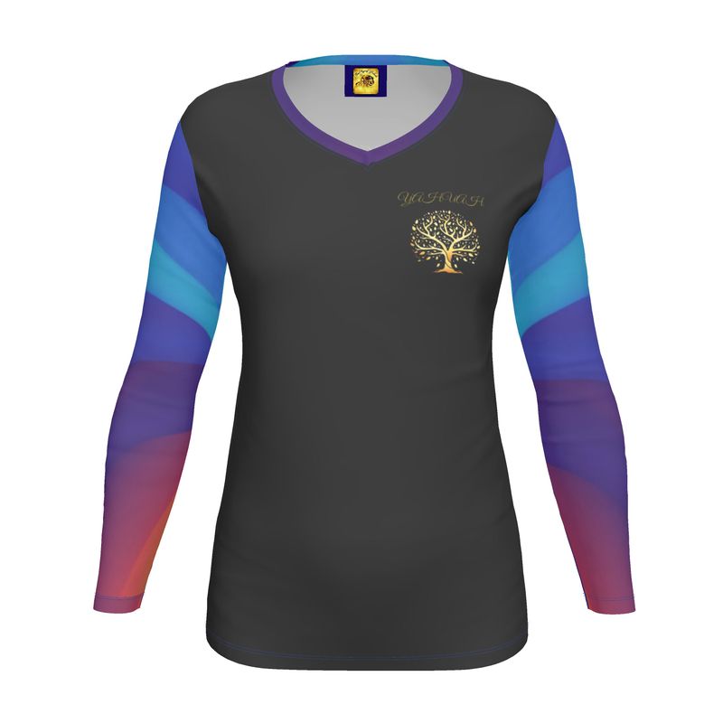 Yahuah-Tree of Life 01 Royal Ladies Designer V-neck Long Sleeve Jersey T-shirt