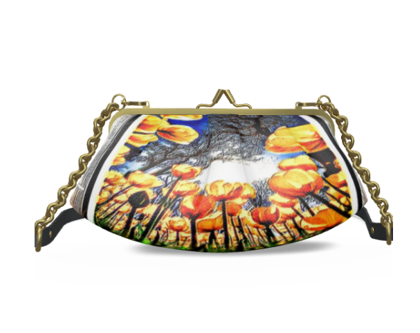 Floral Embosses: Tulip Daydream 01 Designer Pleated Leather Metal Frame Crossbody Clutch Bag