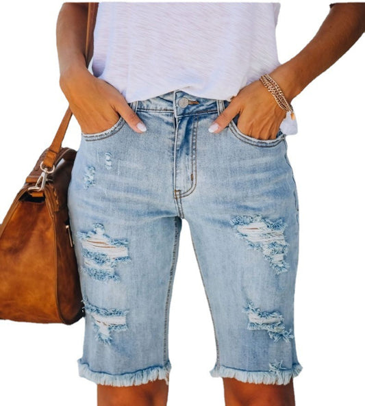 Fringed Raw Hem Distressed Bermuda Denim Shorts (Light Blue/Gray)