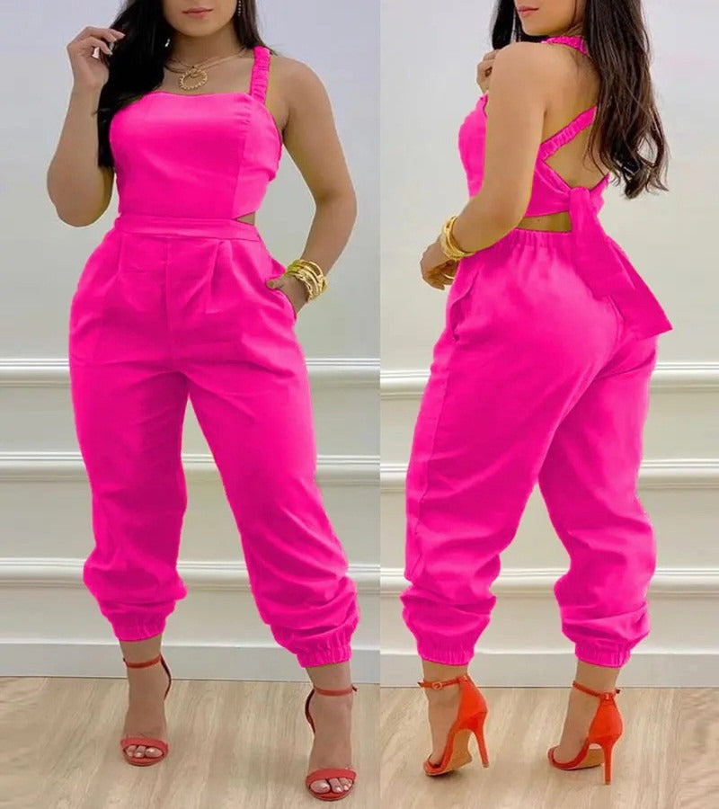 Solid Color/Printed Cross Lace Up Open Back Cropped Jumpsuit (6 Styles)