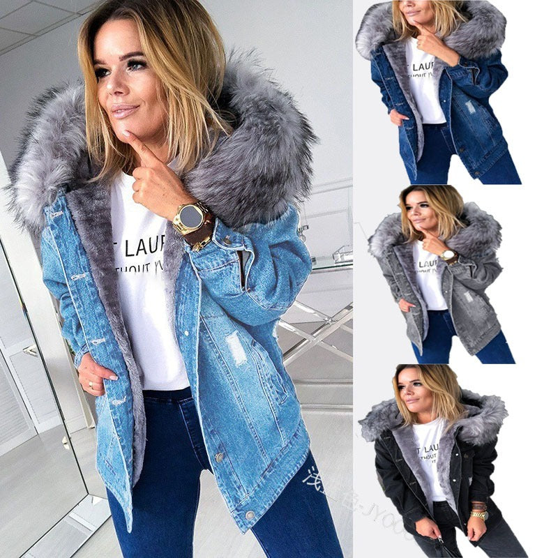 Slim Fit Fleece Lined Faux Fur Hooded Denim Jacket for Women (4 colors)