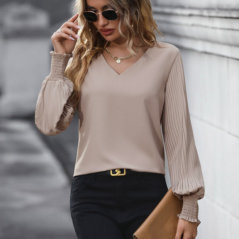 V-neck Solid Color Long Sleeve Puff Sleeve Blouse (3 colors)