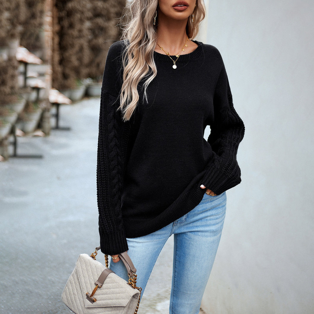 Round Neck Drop Shoulder Knit Acrylic Sweater (4 colors)