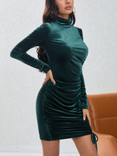 Cargar imagen en el visor de la galería, Velvet Turtleneck Long Sleeve Ruched Drawstring Bodycon Mini Dress (Blackish Green/Black)