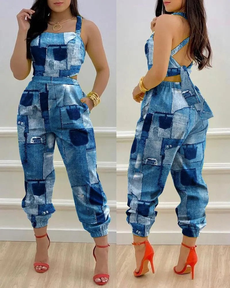 Solid Color/Printed Cross Lace Up Open Back Cropped Jumpsuit (6 Styles)