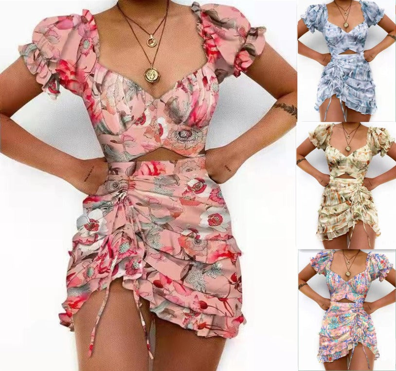 Hollow Out Printed V-neck Puff Short Sleeve Ruffle Trim Drawstring Mini Dress (4 colors)