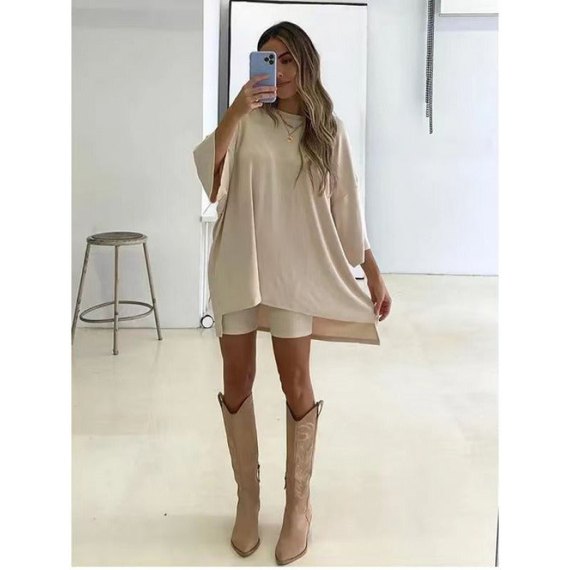 Two Piece Solid Color Loose Fit 3/4 Sleeve T-shirt and Leggings Shorts Set (7 colors)