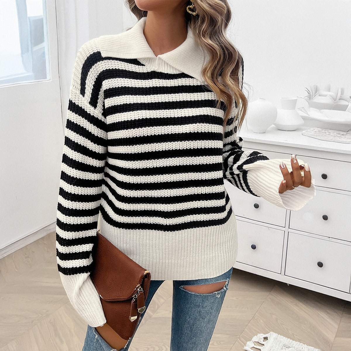 Striped Lapel Collar Sweater (5 colors)