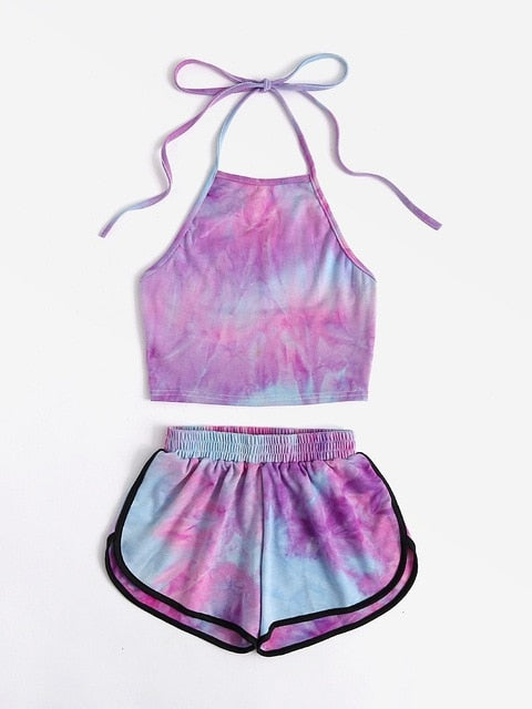 Tie Dye Gradient Halter Crop Top and Shorts Set