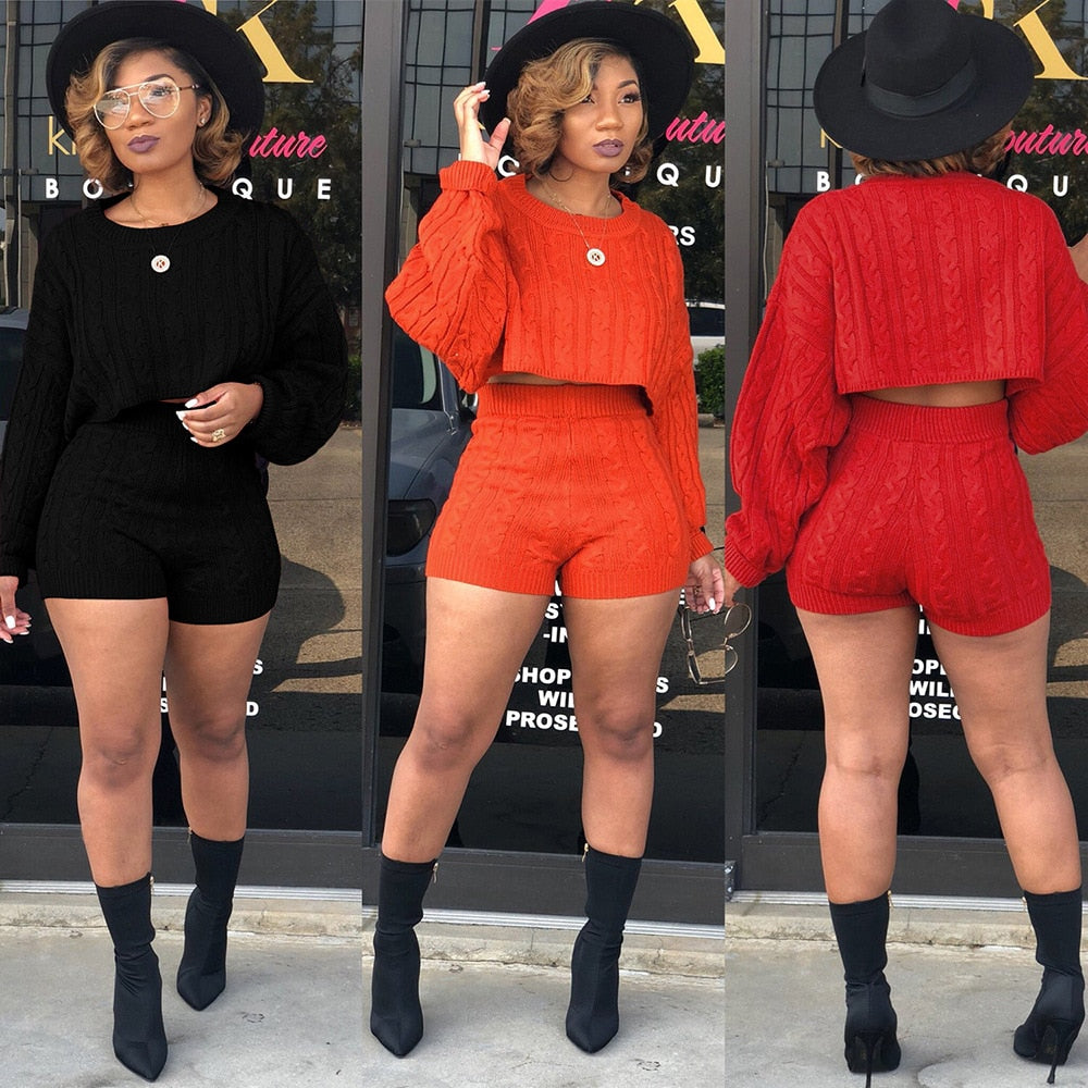 Two Piece Long Sleeve Knit Sweater and Bodycon Shorts Set