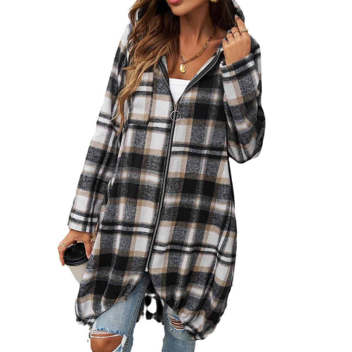 Loose Fit Contrasting Plaid Longline Full Zip Hoodie (4 colors)