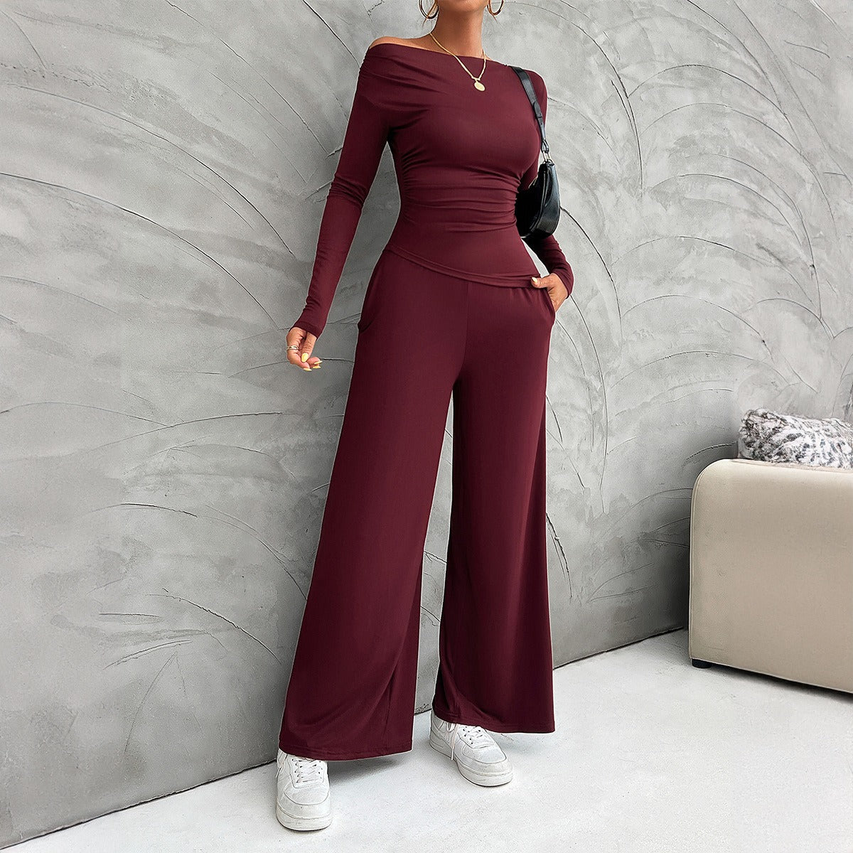 Slim Fit Long Sleeve Off Shoulder Top and Wide Leg Pants Two Piece Set (4 colors)