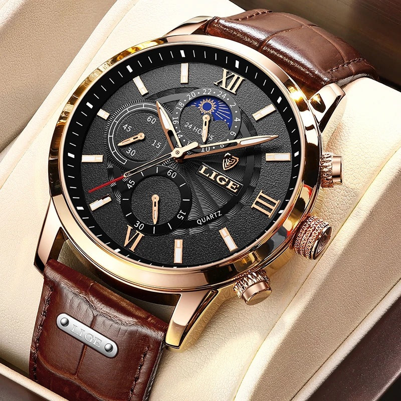 Multifunction 42mm Quartz Chronograph 30m Waterproof Men's Watch with Leather Band (5 colors)