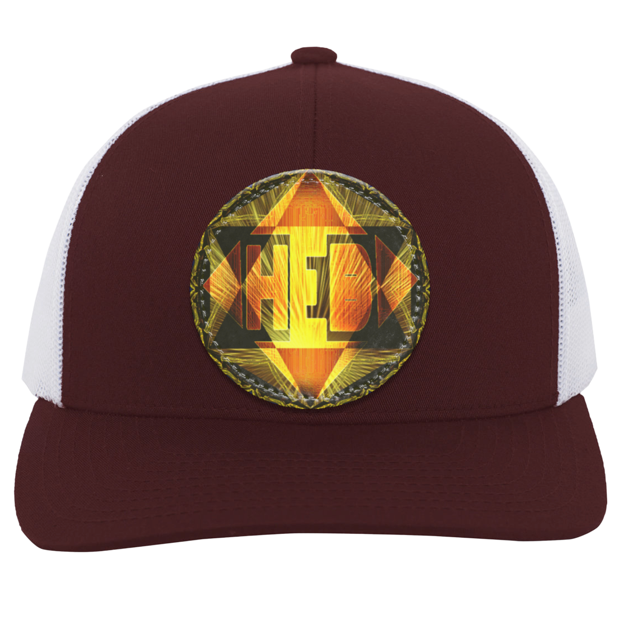 A maroon trucker hat with white mesh back panels, featuring a circular, glowing orange and yellow "HEB" logo patch on the center crown. 
