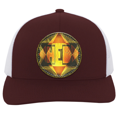 A maroon trucker hat with white mesh back panels, featuring a circular, glowing orange and yellow "HEB" logo patch on the center crown. 