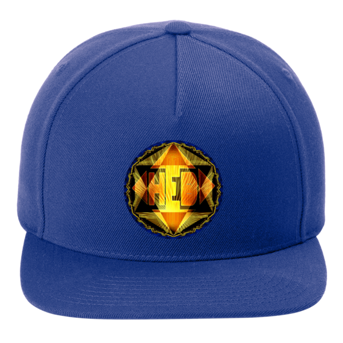 Front view of a royal blue snapback hat with the "Hebrew World" sigil, showcasing the contrast of gold light against a deep blue fabric. 