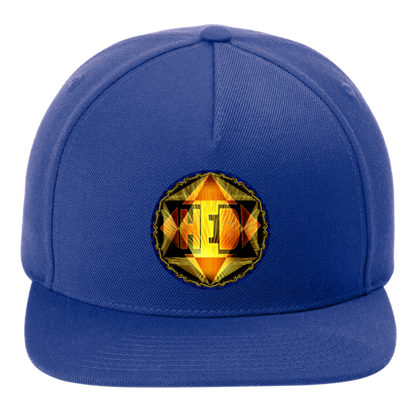 Front view of a royal blue snapback hat with the "Hebrew World" sigil, showcasing the contrast of gold light against a deep blue fabric. 