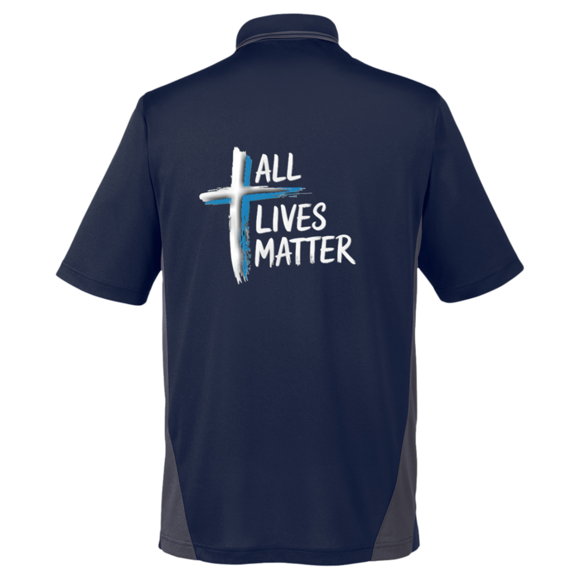 Outspoken Designs 04-02 "All Lives Matter" Designer Harriton Unisex Flash Plus Colorblock Polo Shirt (Dark Navy+Dark Charcoal)