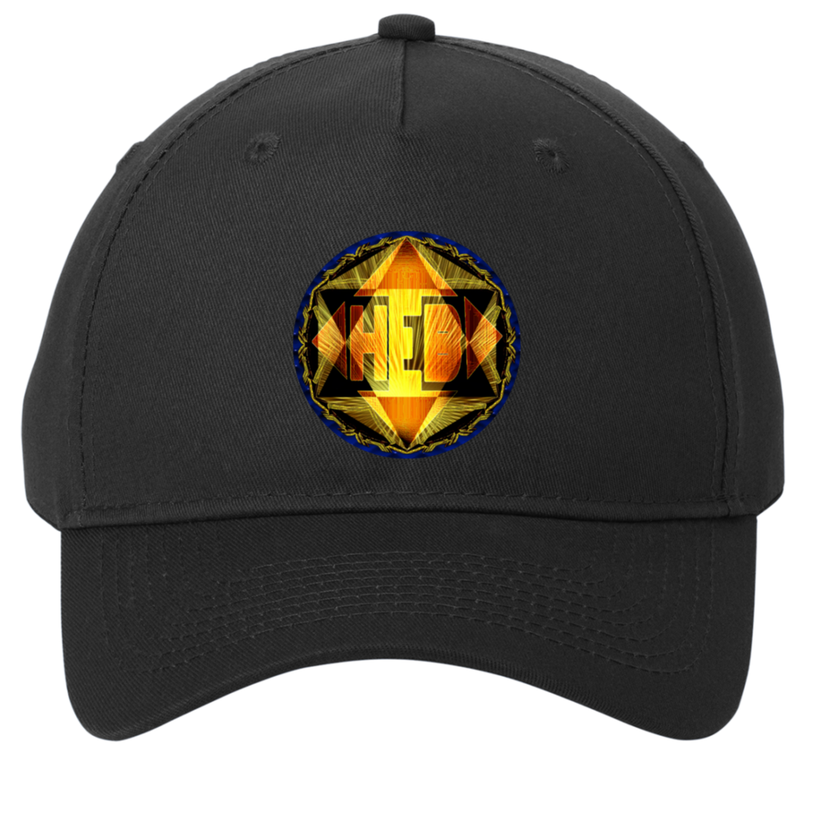 Black unstructured dad hat by TimeReproofPortraits featuring a glowing gold and black Hebrew World graphic on the crown. 