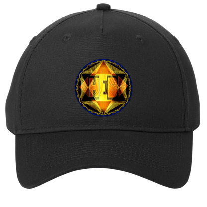 Black unstructured dad hat by TimeReproofPortraits featuring a glowing gold and black Hebrew World graphic on the crown. 