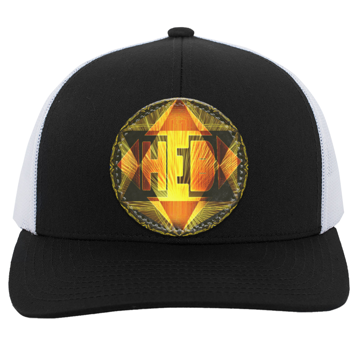 A black trucker hat with white mesh back panels, featuring a circular, glowing orange and yellow "HEB" logo patch on the center crown. 