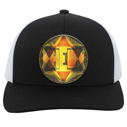 A black trucker hat with white mesh back panels, featuring a circular, glowing orange and yellow "HEB" logo patch on the center crown. 