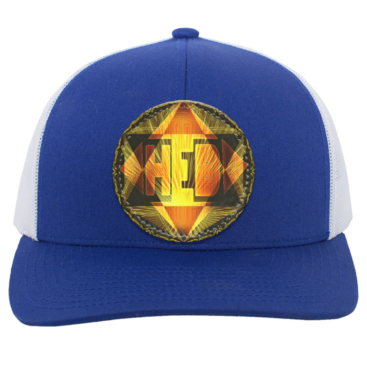 A royal blue trucker hat with white mesh back panels, featuring a circular, glowing orange and yellow "HEB" logo patch on the center crown. 