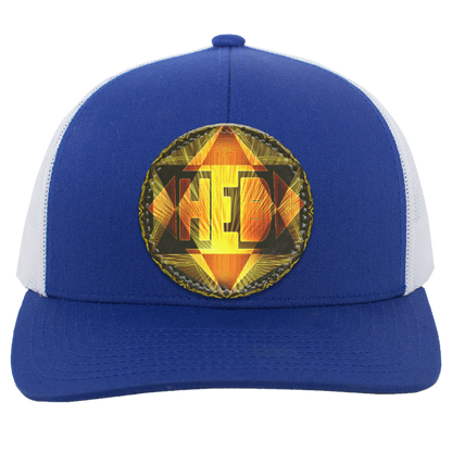 A royal blue trucker hat with white mesh back panels, featuring a circular, glowing orange and yellow "HEB" logo patch on the center crown. 
