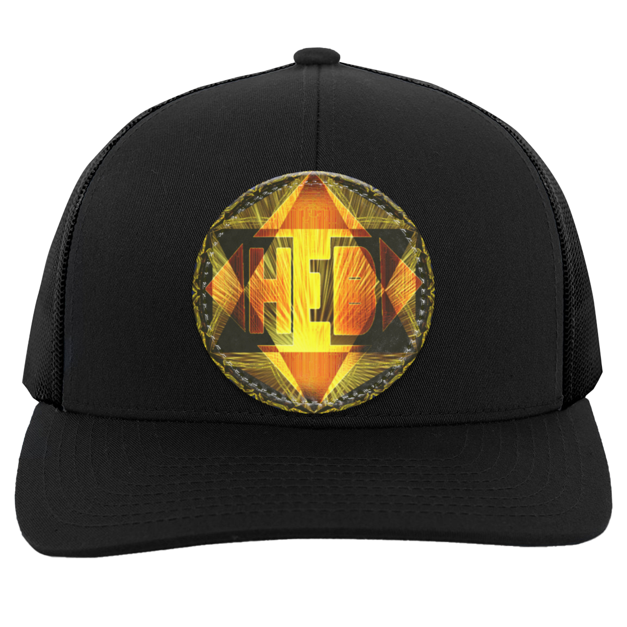 A front-view of a solid black trucker hat feturing a circular, glowing orange and yellow "HEB" logo patch on the center crown. 