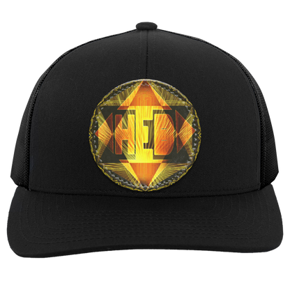 A front-view of a solid black trucker hat feturing a circular, glowing orange and yellow "HEB" logo patch on the center crown. 