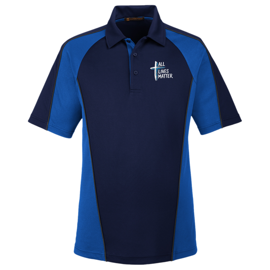 Outspoken Designs 04-02 "All Lives Matter" Designer Harriton Men's Advantage Plus Colorblock Polo Shirt (Dark Navy+True Royal)