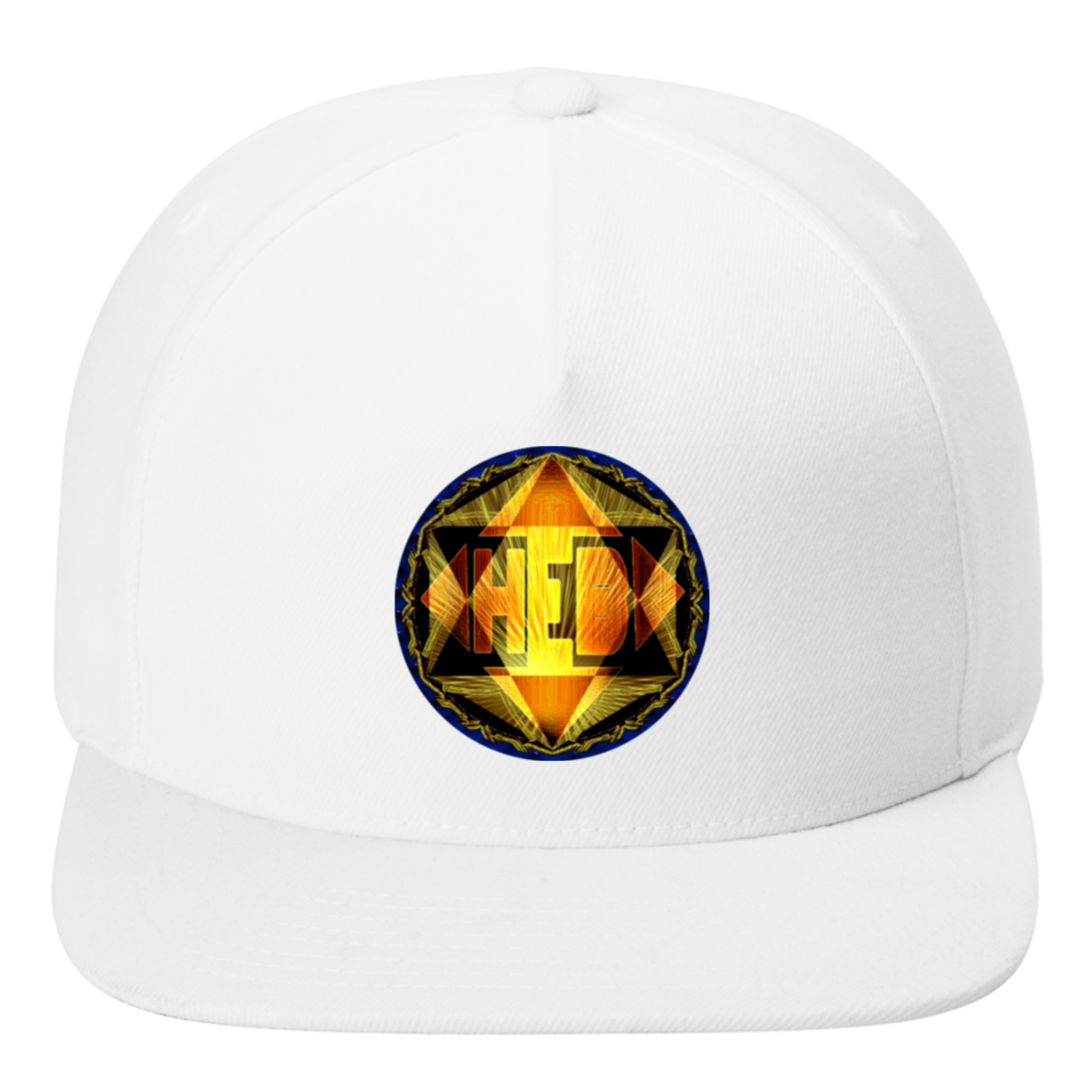 High-resolution shot of a white snapback cap centered with the "HEB" radiant star emblem, symbolizing purity and the light of truth. 