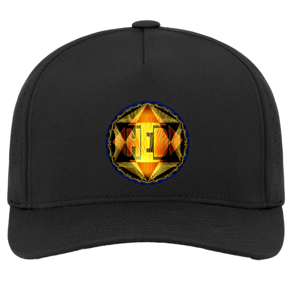 Front view of a black Weekender Perforated Snapback cap featuring a golden Hebrew World Royal Radiance "HEB" logo on the crown.