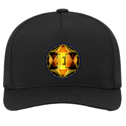 Front view of a black Weekender Perforated Snapback cap featuring a golden Hebrew World Royal Radiance "HEB" logo on the crown.