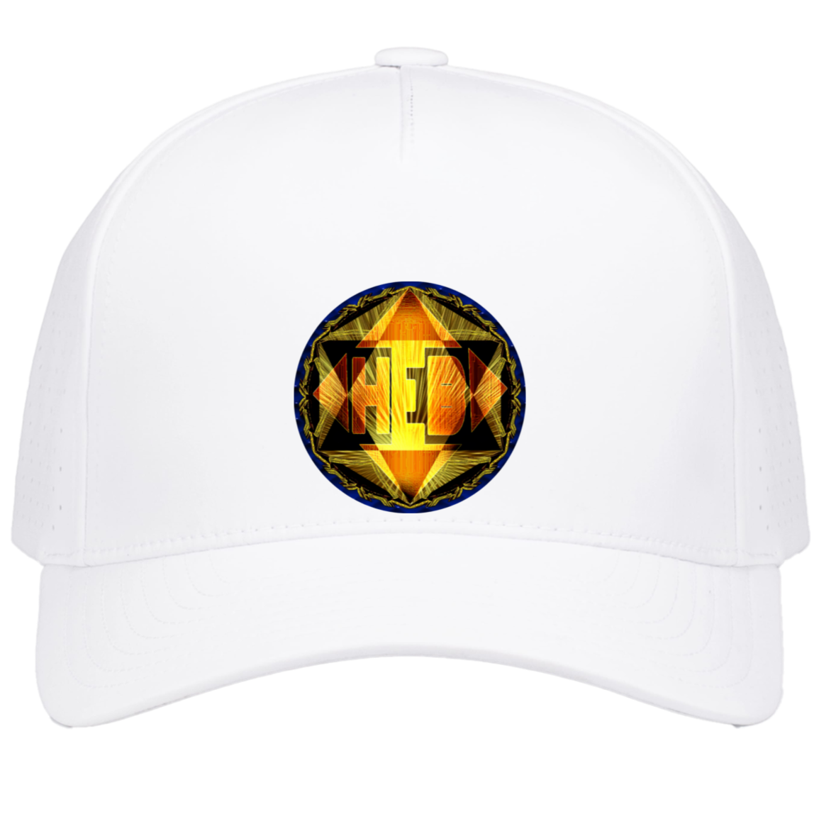Front view of a white Weekender Perforated Snapback cap featuring a radiant gold and amber Hebrew "HEB" emblem.