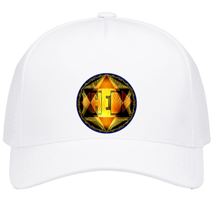 Front view of a white Weekender Perforated Snapback cap featuring a radiant gold and amber Hebrew "HEB" emblem.