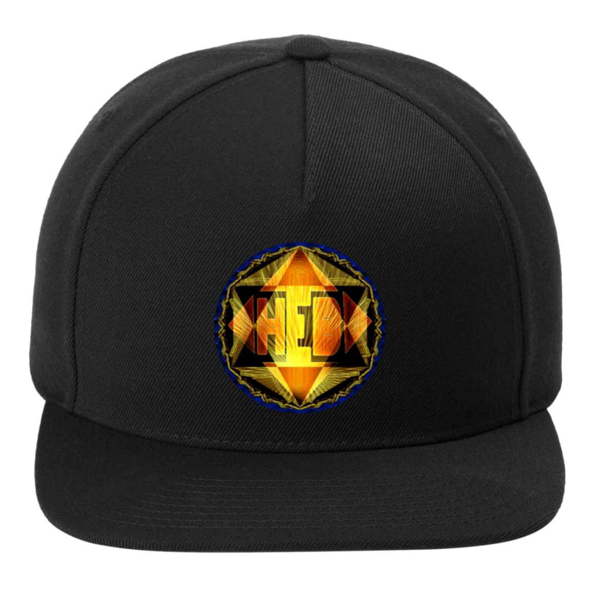 Close-up of a black snapback cap featuring a circular "HEB" emblem with glowing gold geometric patterns and amber fire accents. 