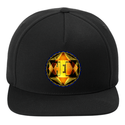 Close-up of a black snapback cap featuring a circular "HEB" emblem with glowing gold geometric patterns and amber fire accents. 