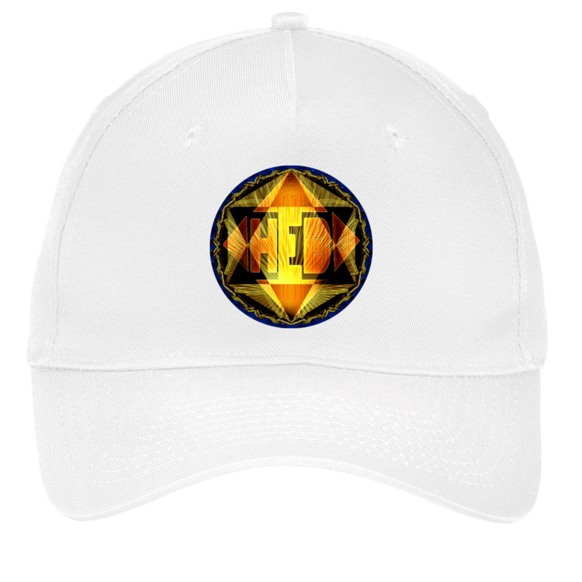 Front view of a white cotton twill dad cap featuring a circular "HEB" Hebrew World logo in radiant gold and amber geometric patterns. 
