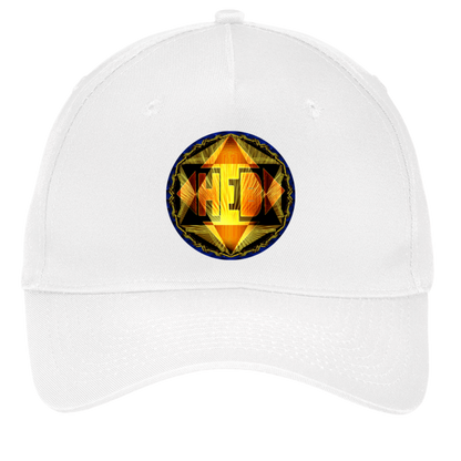 Front view of a white cotton twill dad cap featuring a circular "HEB" Hebrew World logo in radiant gold and amber geometric patterns. 