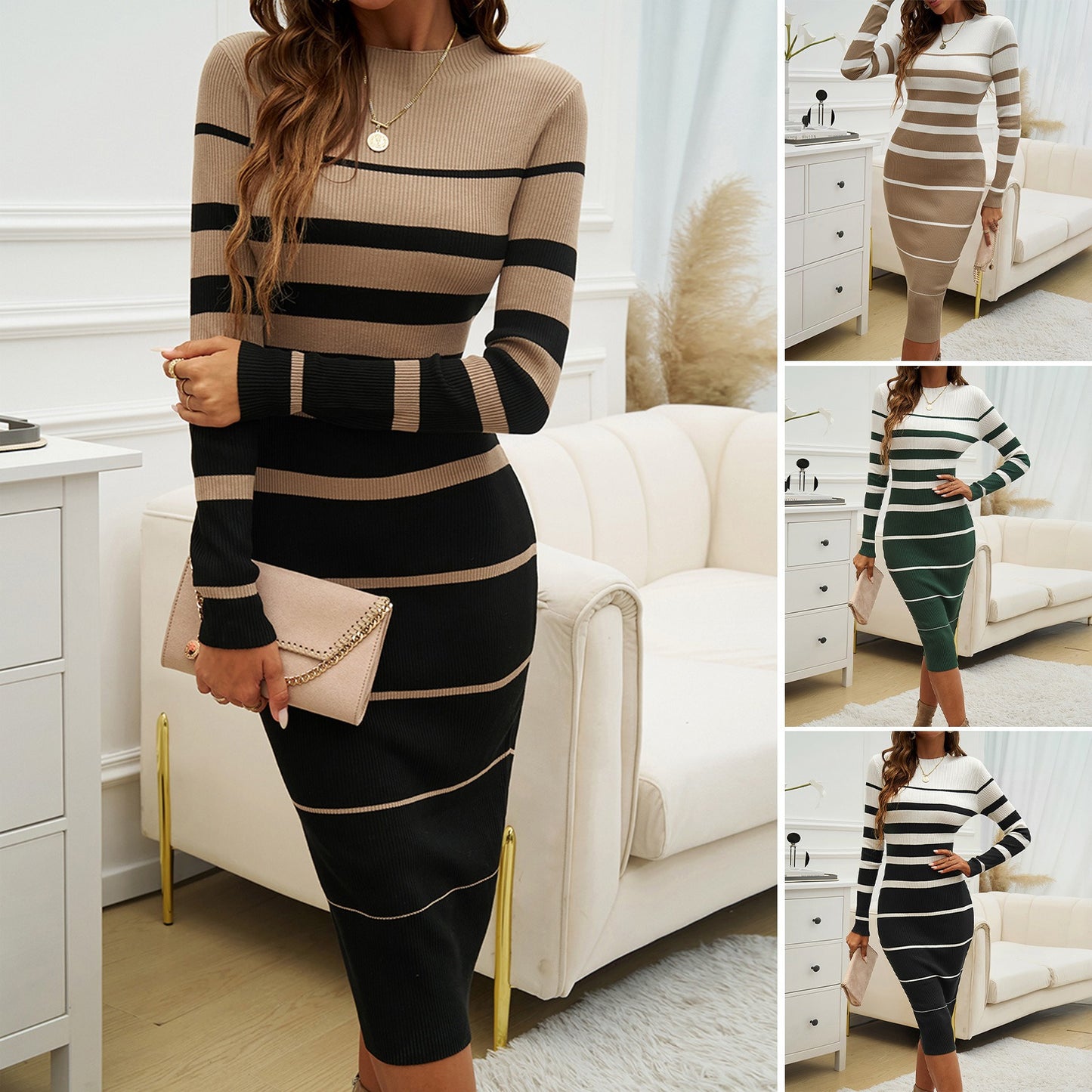 Contrasting Striped Long Sleeve Knit Midi Dress (4 colors)