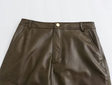 Cargar imagen en el visor de la galería, Brown Faux Leather High Waist Slit Cargo Midi Skirt