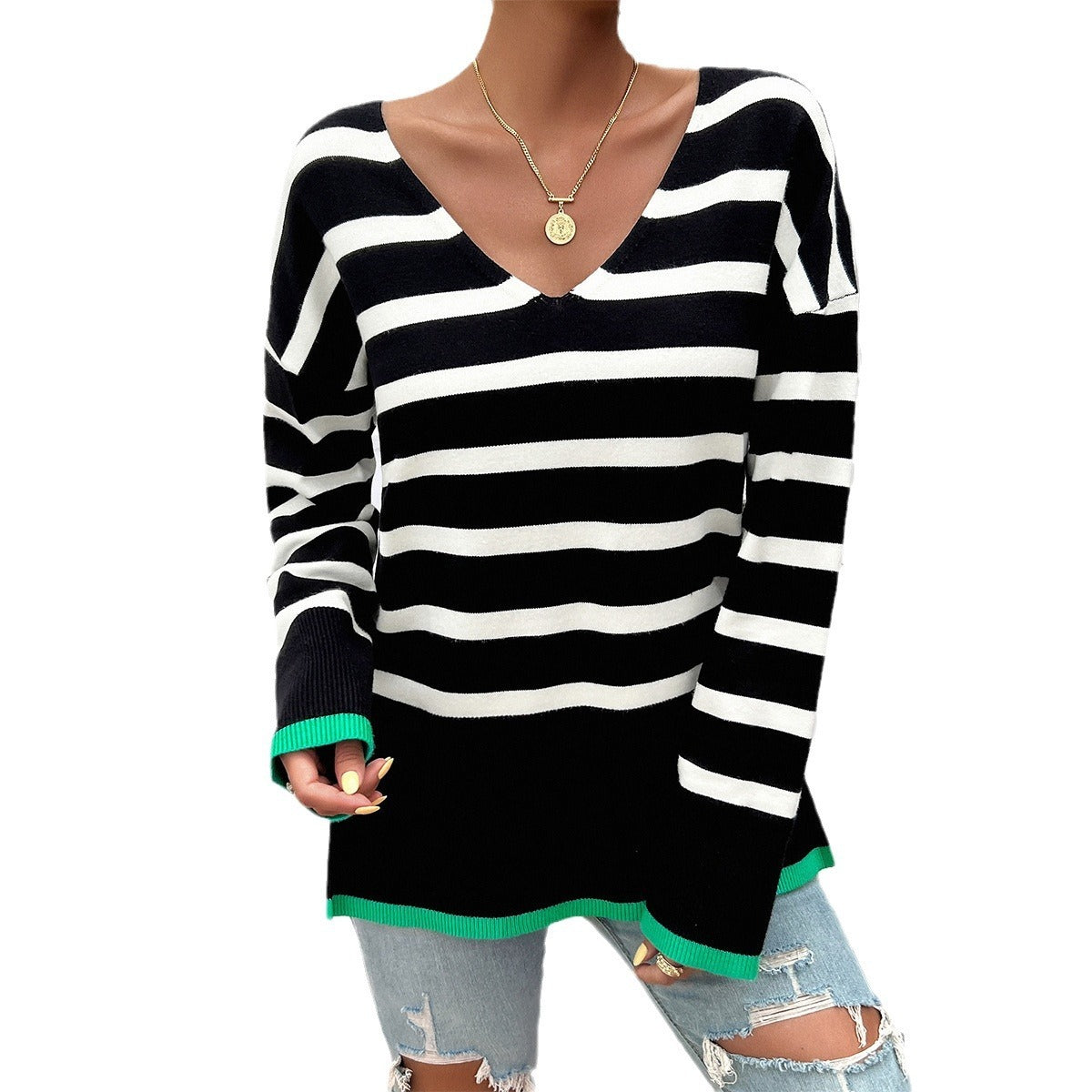 Striped Contrasting Color V-neck Sweater (4 colors)