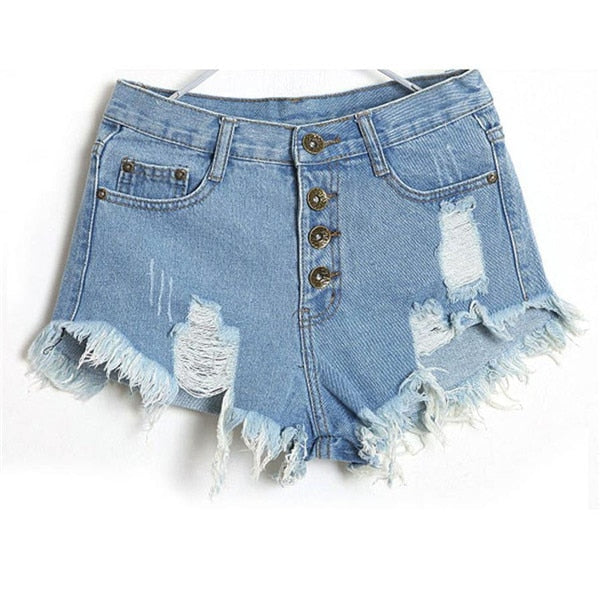 High Waist Ripped Raw Hem Denim Shorts (Dark/Light Blue)