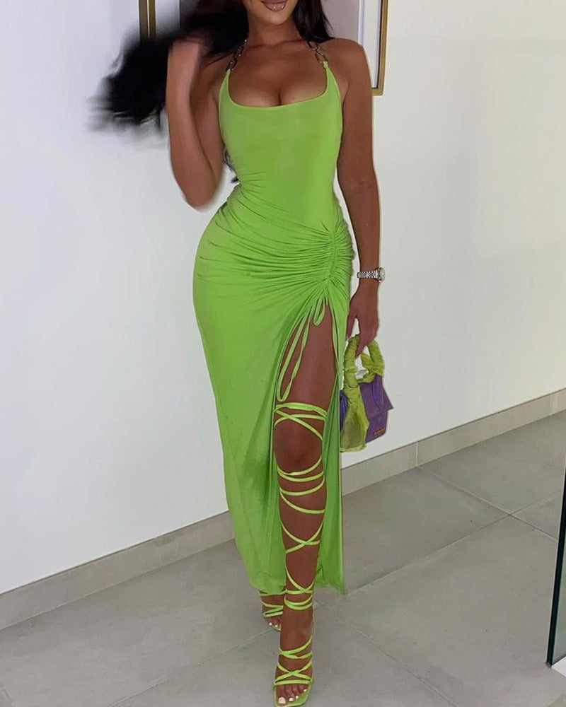 Green Chain Strap Square Neck Ruched Bodycon Drawstring Maxi Dress