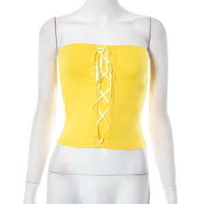 Yellow Slim Fit Lace Up Strapless Top